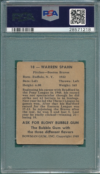 1948 Bowman #18 Warren Spahn PSA 3 *Rookie*