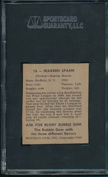 1948 Bowman #18 Warren Spahn SGC Authentic *Rookie*