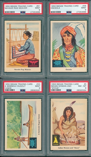 1959 Fleer Indian Trading Cards Lot of (8) W/ #33, 36 & 61 PSA 9