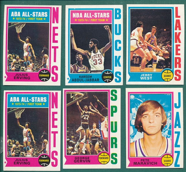 1974-75 Topps Basketball Lot of (203) W/ Abdul-Jabbar, Erving & West