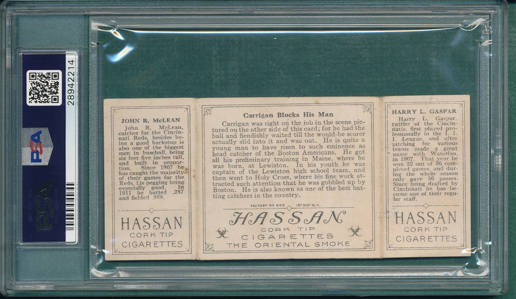 1912 T202 Carrigan Blocks His Man Gaspar/McLean Hassan Cigarettes PSA 6