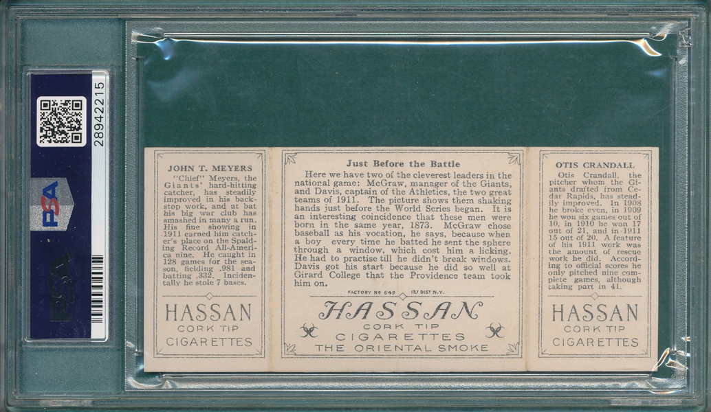 1912 T202 Just Before the Battle Crandall/Meyers, Hassan Cigarettes PSA 6