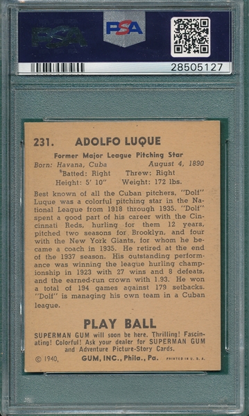 1940 Play Ball #231 Dolf Luque PSA 7