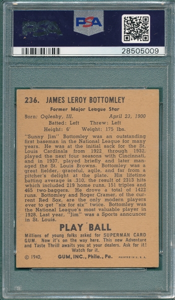 1940 Play Ball #236 Jim Bottomley PSA 6