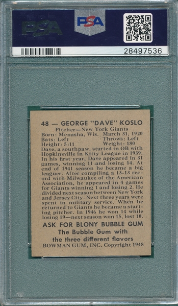 1948 Bowman #48 George Koslo PSA 7