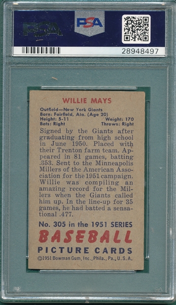 1951 Bowman #305 Willie Mays PSA Authentic *High #* *Rookie*