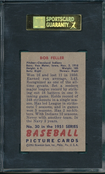 1951 Bowman #30 Bob Feller SGC 84