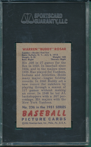 1951 Bowman #236 Buddy Rosar SGC 88