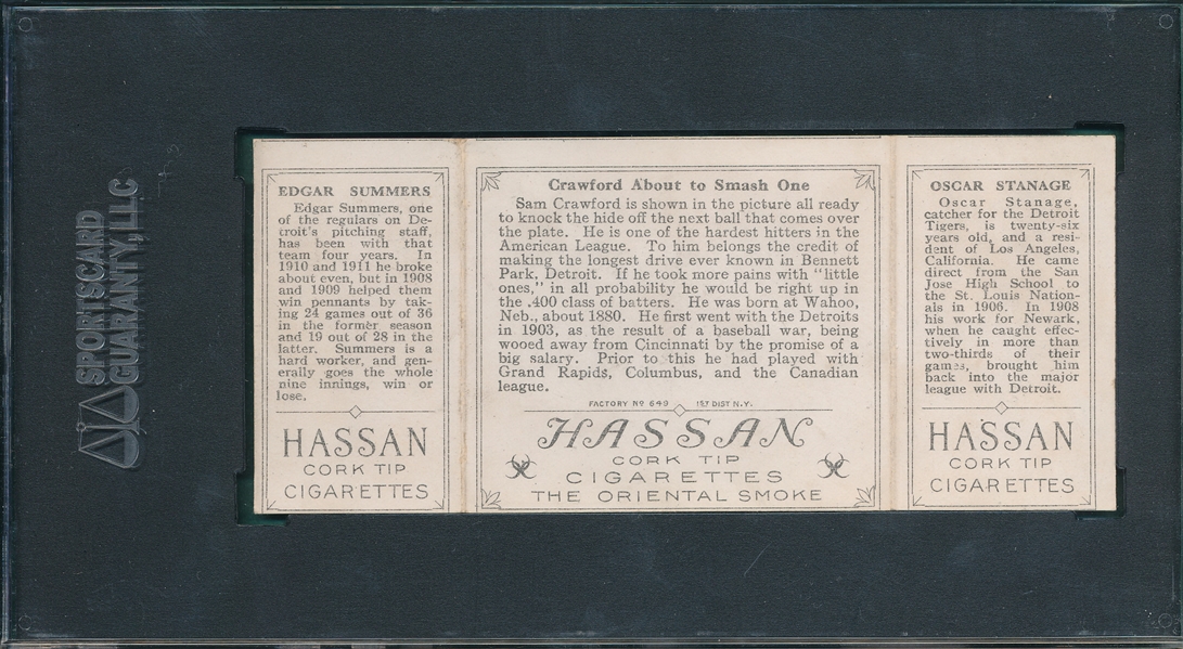 1912 T202 Crawford About To Smash One, Stanage/Summers, Hassan Cigarettes SGC 60