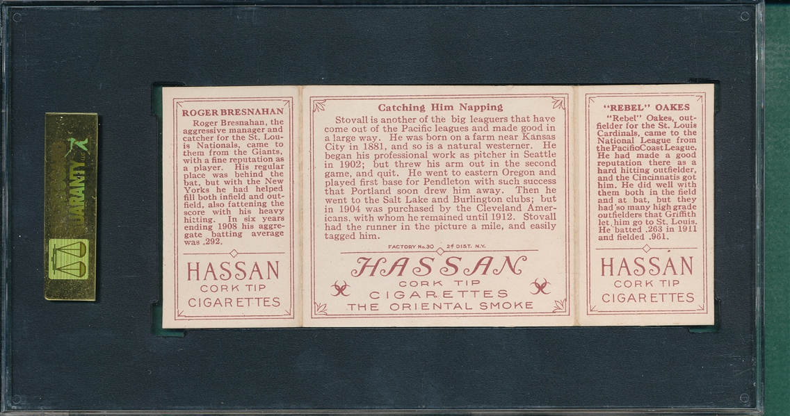 1912 T202 Catching Him Napping, Oakes/Bresnahan, Hassan Cigarettes SGC 70