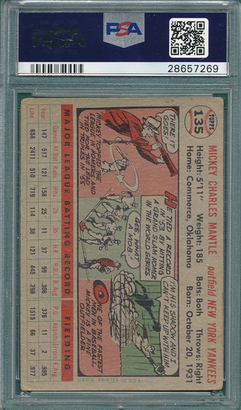 1956 Topps #135 Mickey Mantle PSA 3 *Gray*