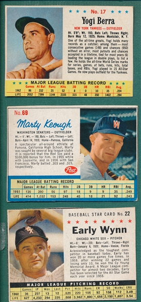 1961-63 Post Cereal Lot of (21) W/ 62 #69 Keough, SP, & 63 #17 Berra