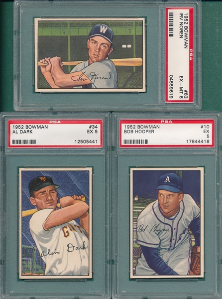 1952 Bowman #10 Hooper, #34 Dark, & #63 Noren, Lot of (3) PSA