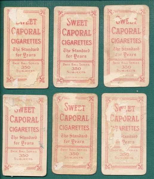 1909-1911 T206 Sweet Caporal Cigarettes Factory 30, Lot of (6) W/ Chase, Dark Cap