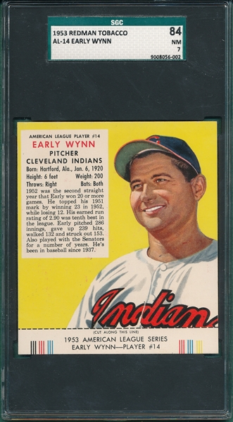 1953 Red Man AL-14 Early Wynn W/ Tab, SGC 84