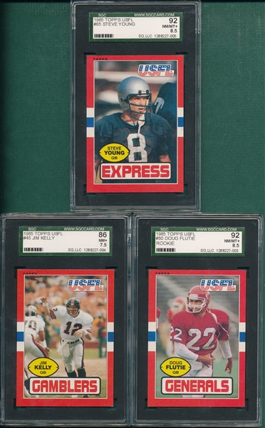 1985 Topps USFL #45 Kelly SGC 86, #65 Young & #80 Flutie, Rookie, SGC 92
