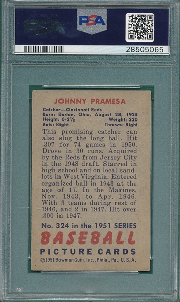 1951 Bowman #324 Johnny Parmesa PSA 8 *SP* *Last Card*