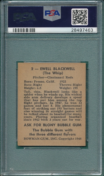 1948 Bowman #2 Ewell Blackwell PSA 8 