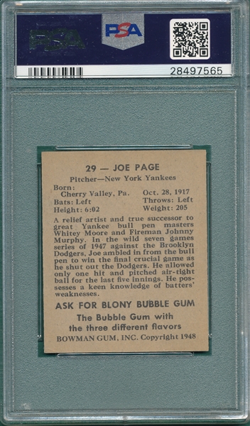 1948 Bowman #29 Joe Page PSA 8 