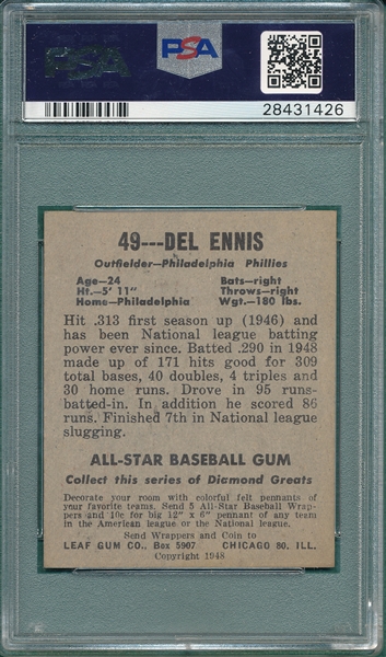 1948-49 Leaf #49 Del Ennis PSA 7