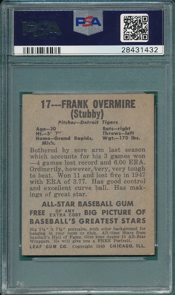 1948-49 Leaf #17 Frank Overmire PSA 7