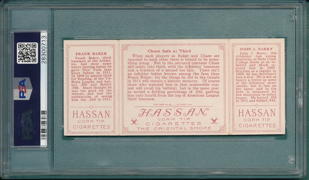 1912 T202 Chase Safe At Third, Barry/Baker, Hassan Cigarettes, PSA 6 *Only 4 Graded Higher*