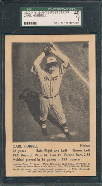 1932 NY Giants PC Carl Hubbell SGC 40