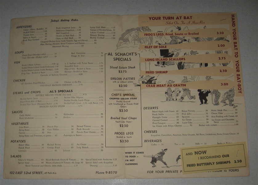 1939 Play Ball #113 Al Schacht BVG 5 & Restaurant Menu, Lot of (2)