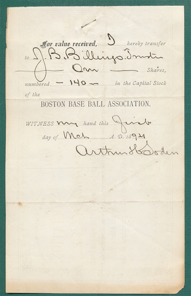 1888 Boston Base Ball Association Stock Certificate
