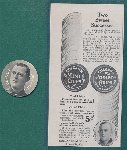 1909-11 Colgan's Chip Steinfeldt & Ad Clip W/ Cobb, Lot of (2)