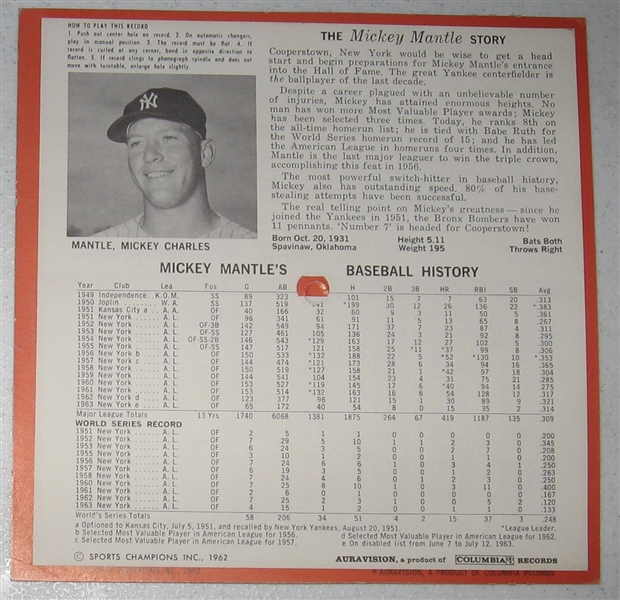 1964 Auravision Sports Record Mickey Mantle 33 RPM, Unpunched