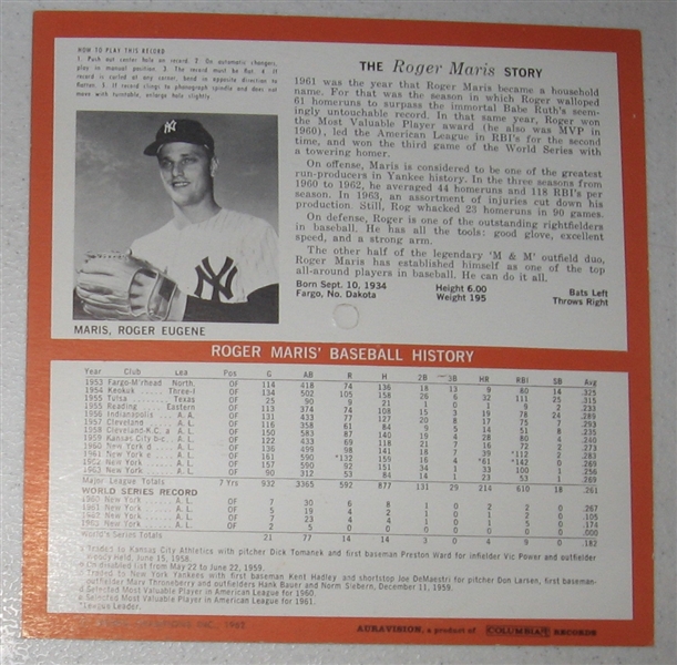 1964 Auravision Sports Record Roger Maris 33 RPM, Unpunched Plus Ad Sheet, Lot of (2)