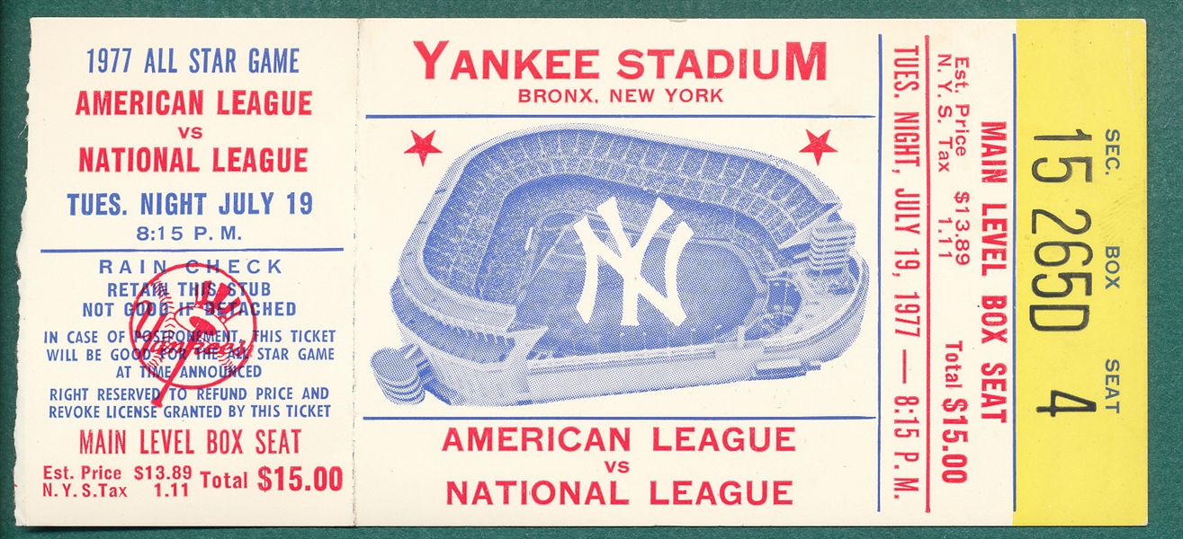 1977 MLB All Star Game Ticket Stub, Yankee Stadium