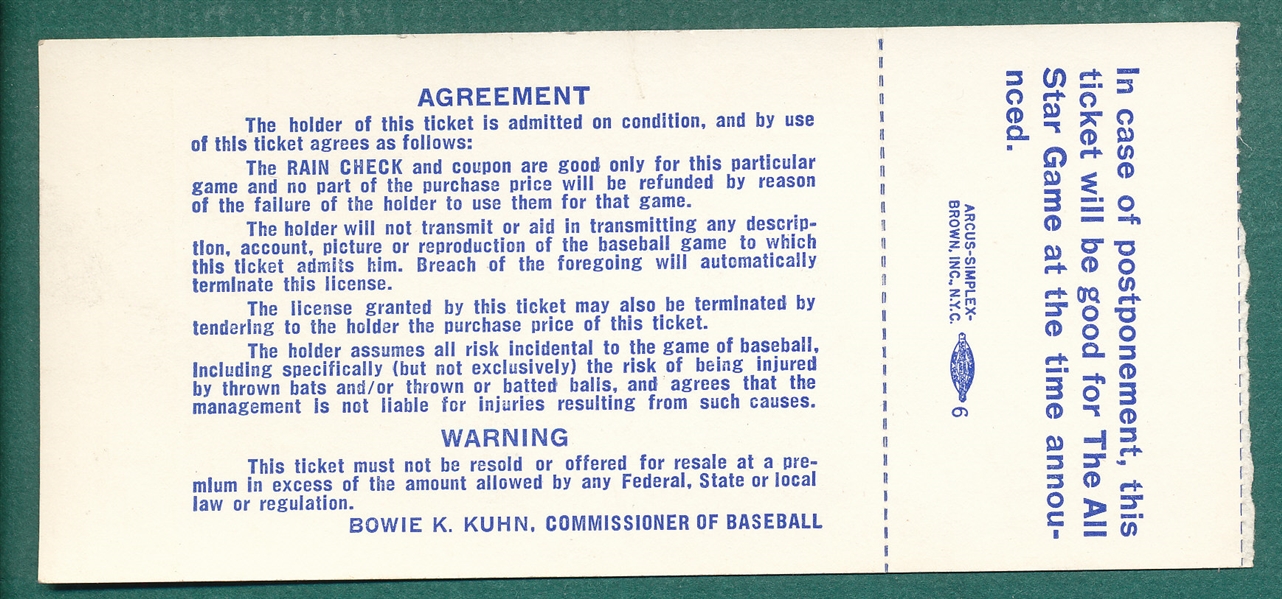 1977 MLB All Star Game Ticket Stub, Yankee Stadium