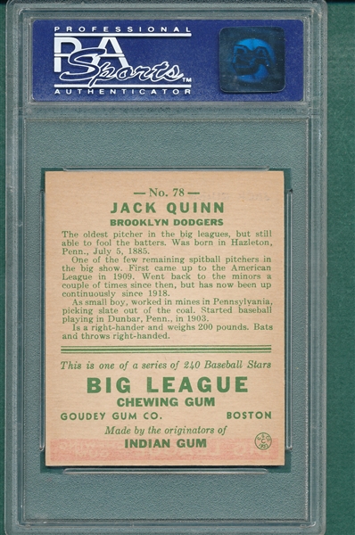 1933 Goudey #78 Jack Quinn PSA 8