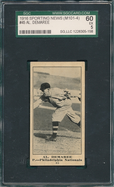 1916 M101-4 #45 Al Demaree, Sporting News SGC 60 *Blank Back*