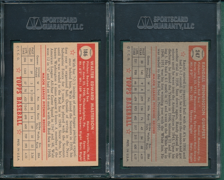 1952 Topps #186 Masterson & #247, Boston Red Sox, Lot of (2) SGC 70