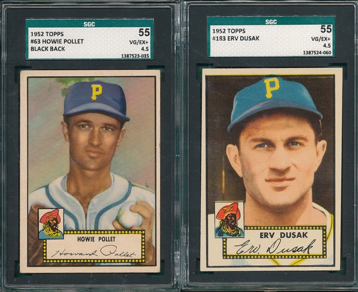 1952 Topps #63 Pollett, Black, & #183 Dusak, Lot of (2) Pittsburgh Pirates, SGC 55