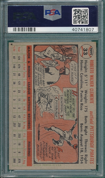 1956 Topps #33 Roberto Clemente, Gray, PSA 5