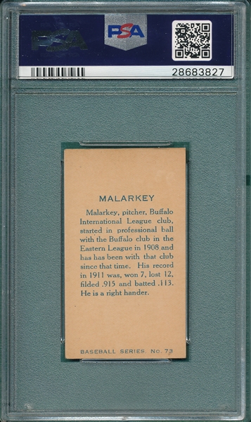 1912 C46 #73 Bill Malarkey Imperial Tobacco PSA 7 *None Graded Higher*