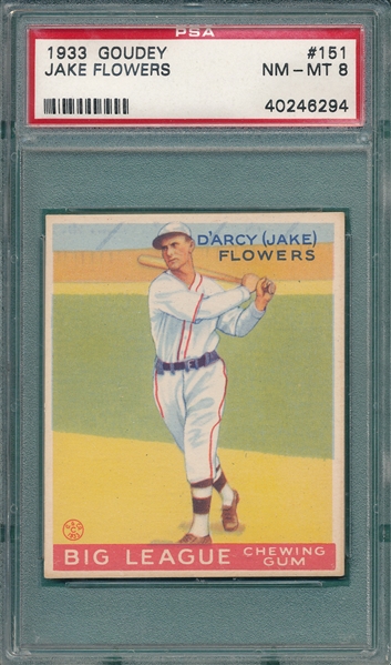 1933 Goudey #151 Jake Flowers PSA 8