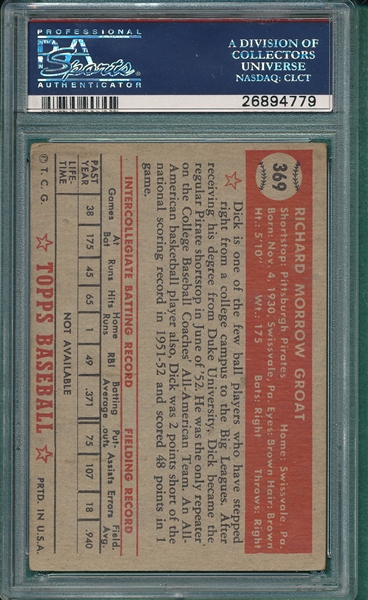 1952 Topps #369 Dick Groat, Signed, PSA/DNA Certified *Hi #* *Rookie*