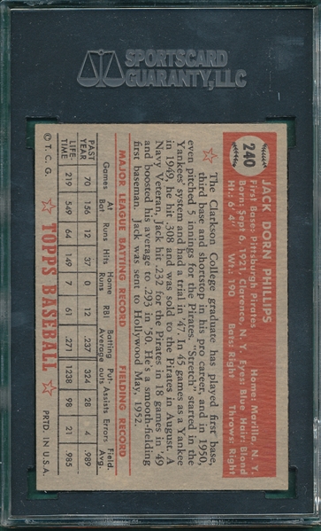 1952 Topps #240 Jack Phillips SGC 82