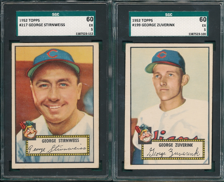 1952 Topps #199 Zuverink & #217 Stirnweiss, Lot of (2) SGC 60