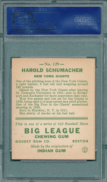 1933 Goudey #129 Harold Schumacher PSA 5