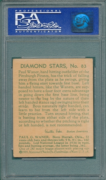 1934-36 Diamond Stars #83 Paul Waner PSA 5