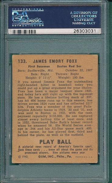 1940 Play Ball #133 Jimmie Foxx PSA 4