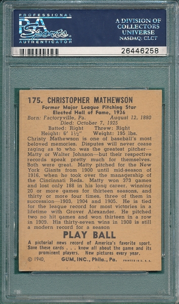 1940 Play Ball #175 Christy Mathewson PSA 6