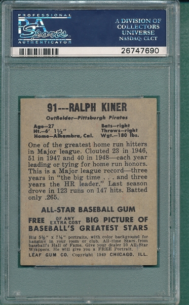 1948 Leaf #91 Ralph Kiner PSA 6 *Rookie*