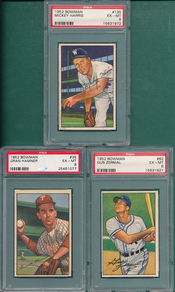 1952 Bowman #35 Hamner, #082 Zernial, and #135 Harris, Lot of (3), PSA 6
